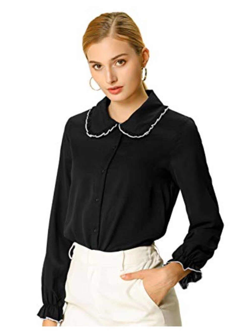 Women's Work Blouse Peter Pan Collar Long Sleeve Button Up Shirt